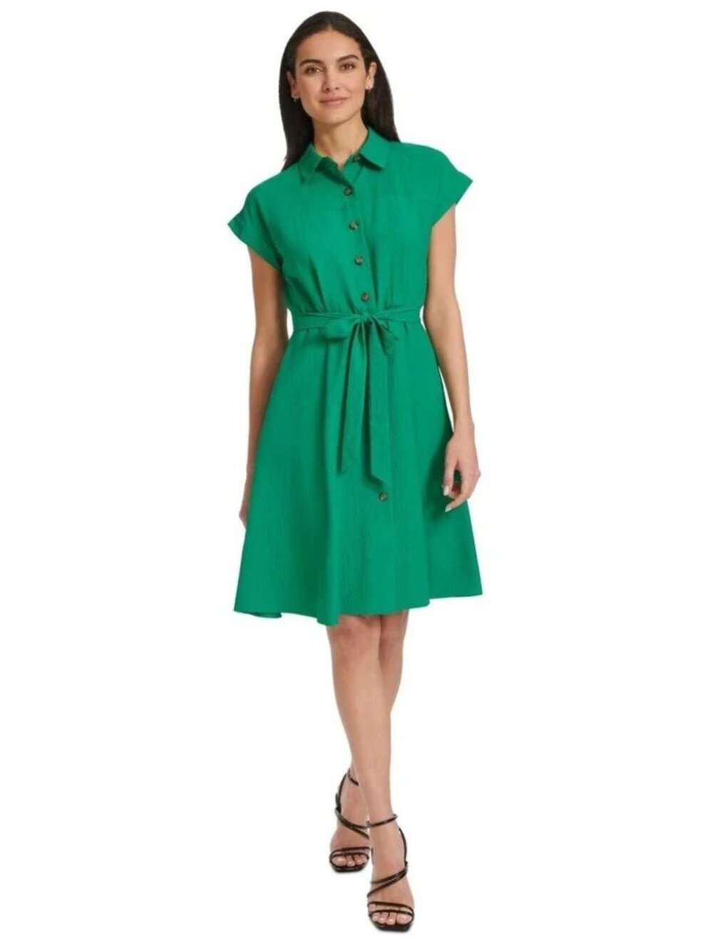 Calvin Klein Womens Belted Cap-Sleeve Shirtdress Fern Size 4